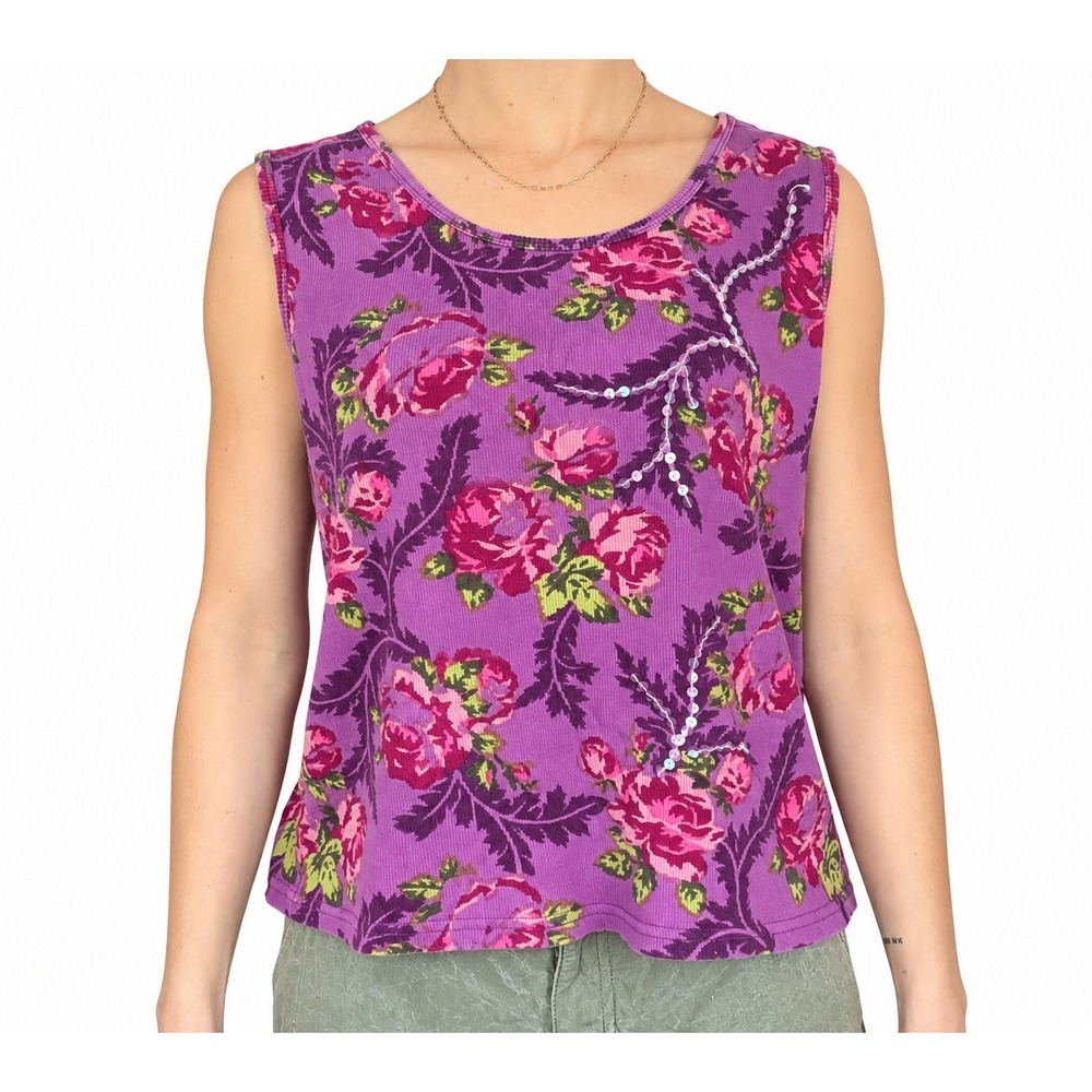 White Stag Purple Floral Ribbed Sequin Tank Top Y2K Sleeveless Shirt